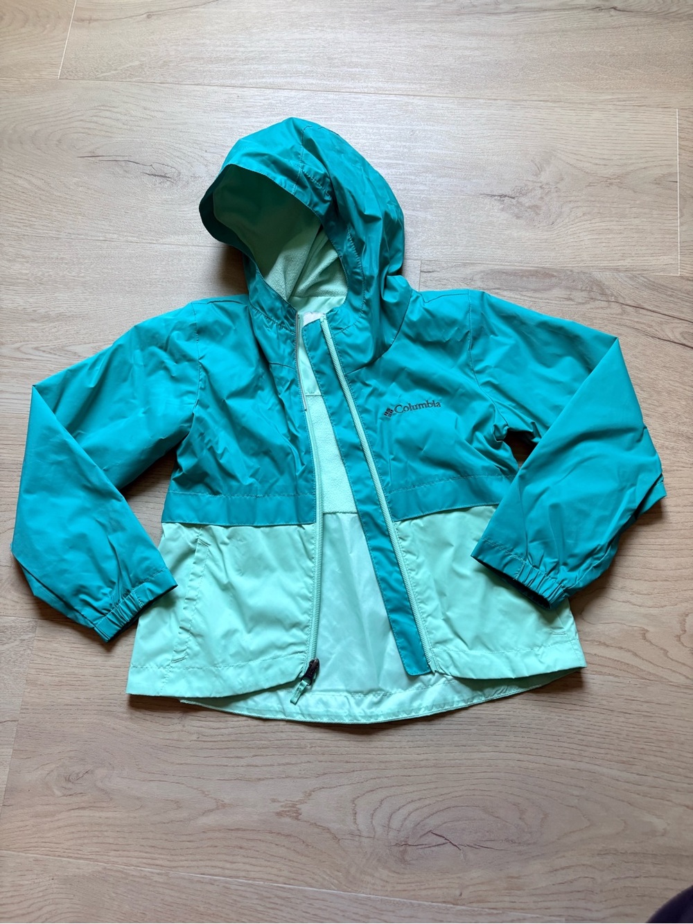 Columbia Girls' Teal Two-Tone Hooded Rain Jacket Sz 6 / 6X